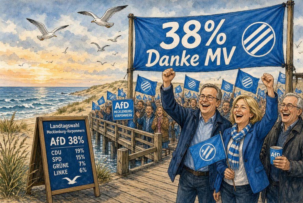 - 2026 0921 Elections Desastre CDU 11a Le même soir, deux triomphes : l’AfD sur la jetée du Mecklembourg, Die Linke devant la porte de Brandebourg — deux extrêmes, une seule CDU écrasée entre les deux — Illustration IA © European-Security