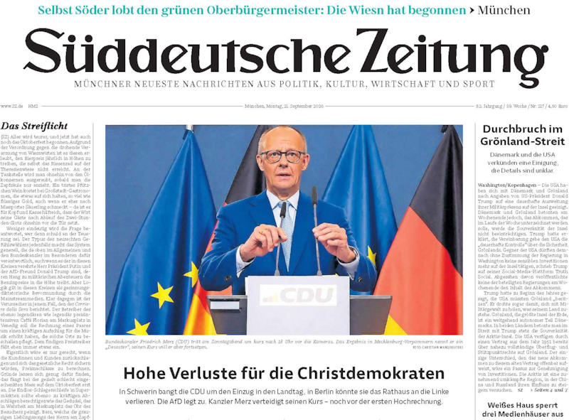 - 2026 0921 Suddeutsche Zeitung U « Hohe Verluste für die Christdemokraten » — le constat munichois est sobre mais sans appel : à Schwerin, la CDU craint de manquer l’entrée au Landtag ; à Berlin, elle pourrait perdre l’hôtel de ville au profit de Die Linke. Le Streiflicht de la une, avec son ironie feutrée sur les « Gefühlswähler », capte bien ce climat où la contestation gagne du terrain sans (encore) l’emporter.