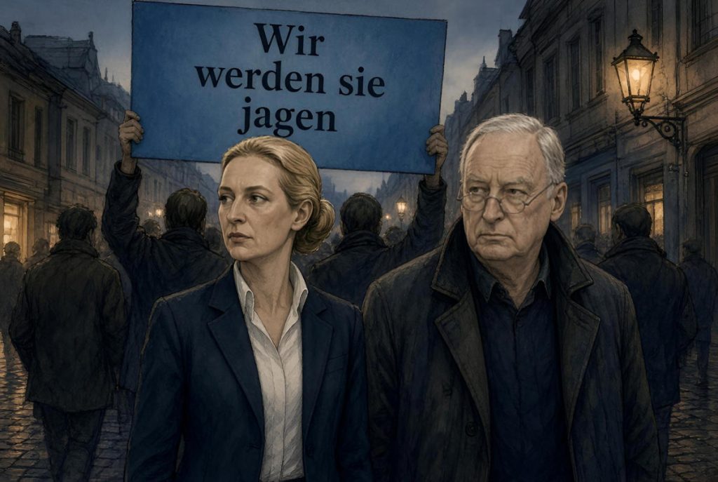 - AFD Alice Weidel Alexander Gauland 1a « Wir werden sie jagen » — la formule fondatrice de 2017, redite presque mot pour mot neuf ans plus tard par Alice Weidel et Alexander Gauland. La cible n'a jamais changé : la CDU — Illustration IA © European-Security