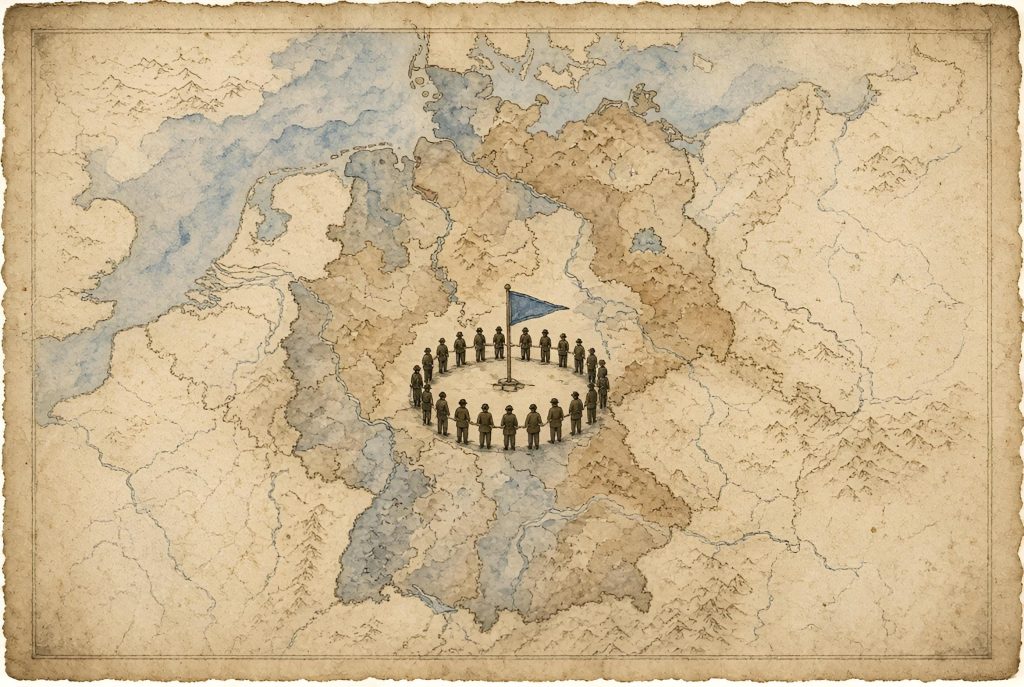 - AFD Cercle ferme 1a Un petit drapeau, un cercle de rangs serrés planté au cœur de la Saxe-Anhalt : l'AfD se retranche là où elle veut gouverner — mais le cercle reste seul sur la carte — Illustration IA © European-Security