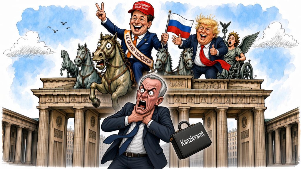 - AFD Porte de Brandebourg 02 Le cheval tremble de peur devant Merz qui s'étrangle, Victoria ailée est tétanisée aux côtés de Donald qui exulte près de son nouvel ami Ulrich Siegmund qui porte sa casquette "Make Germany Great Again" (fabriquée en Chine) sur la porte de Brandebourg — Illustration IA © European-Security
