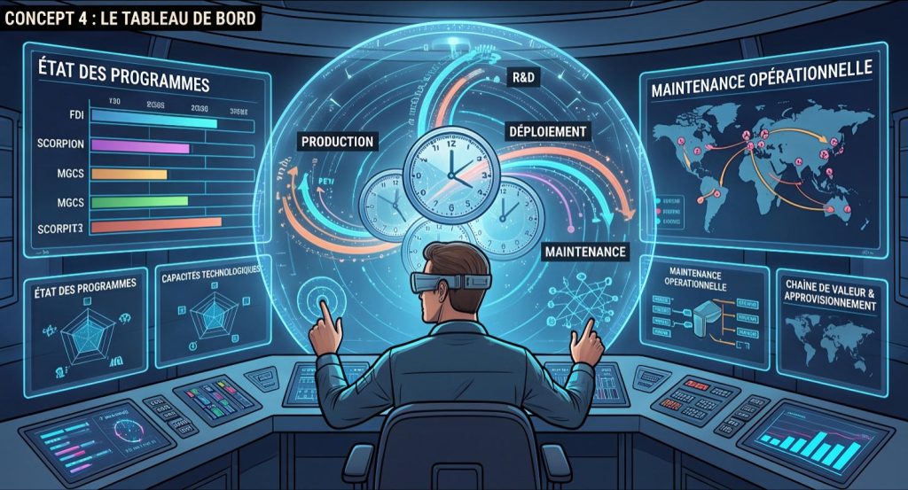 Le tableau de bord des horloges : production, R&D, déploiement, maintenance — piloter simultanément plusieurs temporalités, l'enjeu central d'une BITD moderne — Illustration IA © European-Security