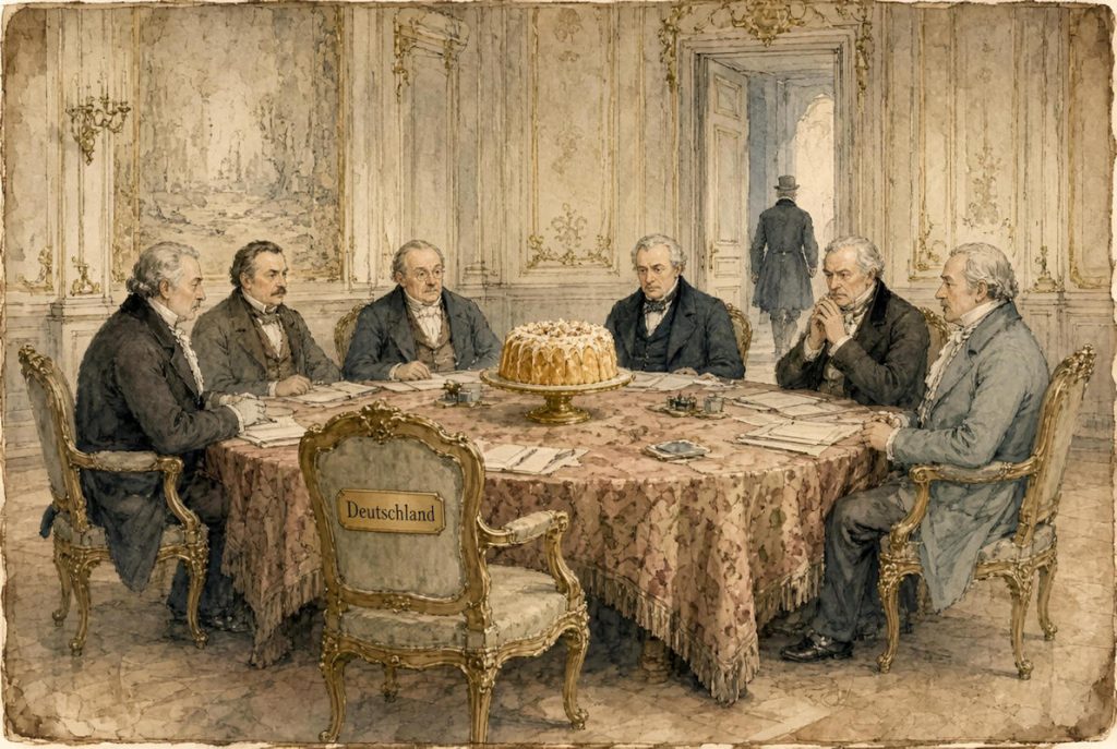 - Diplomates Table ronde Chaise vide 1a À la table ronde des négociations budgétaires européennes, une place reste vide : « Deutschland » est inscrit sur le dossier de la chaise, tandis qu'au fond de la salle une silhouette se dirige déjà vers la porte — Illustration IA © European-Security