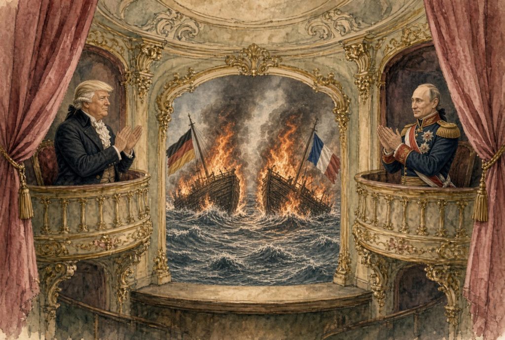 - Donald et Vladimir Vladimirovitch au theatre 1 ux loges, deux bateaux en flammes : Donald John, à gauche, applaudit ; Vladimir Vladimirovitch, à droite, applaudit aussi — les deux parrains, désormais sans masque, et sans le moindre geste à faire pour que le spectacle continue — Illustration IA © European-Security