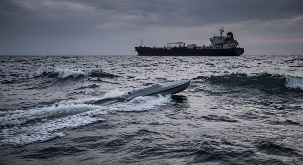 - En attaque dun petrolier fantome russe 03b Drone naval Sea Baby en approche de sa cible, un pétrolier de la flotte fantôme russe