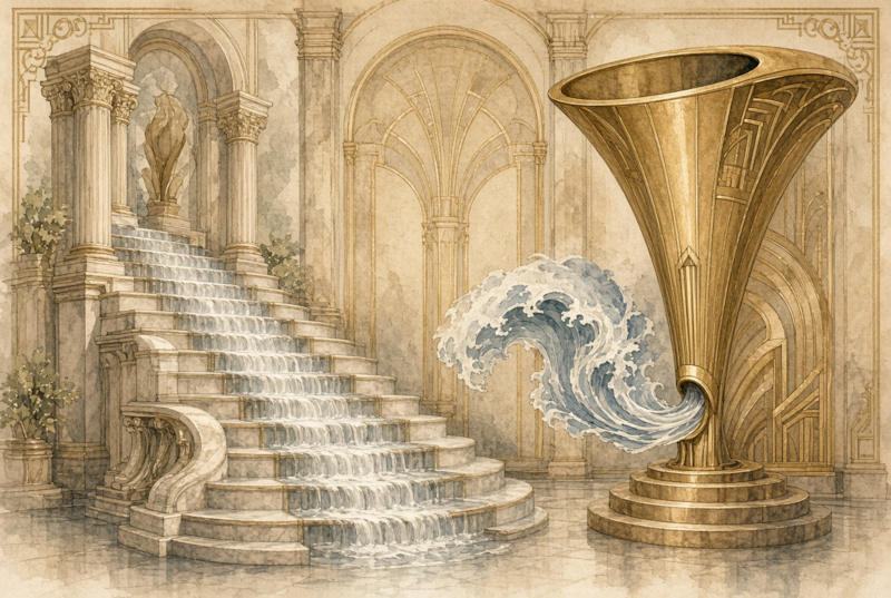 - Entonnoir 1 D’un côté, l’eau descend sagement marche par marche — la cascade fédérale allemande. De l’autre, elle jaillit d’un coup, tout entière, du même cor — le tsunami que la France centralisée n’a pas encore connu — Illustration IA © European-Security