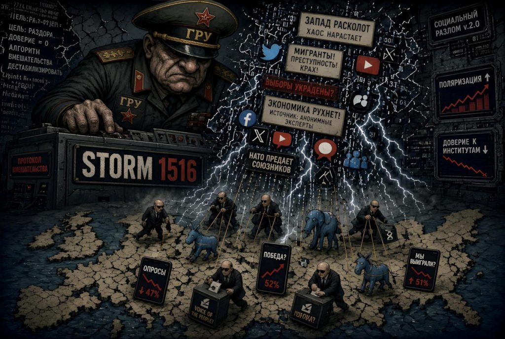 Storm 1516, l’une des unités les moins connues du renseignement militaire russe, le GRU, est aujourd’hui parfaitement identifiée par les services occidentaux. Ses responsables, dont Oleg Kushnir et Yury Khoroshenky, font tous l’objet de sanctions occidentales — Illustration IA © European-Security