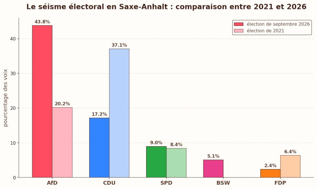 Le séisme électoral en Saxe-Anhalt, en un graphique : l’AfD plus que double son score (20,2 % → 43,8 %), la CDU s’effondre de vingt points (37,1 % → 17,2 %), quand le SPD se maintient et que le FDP disparaît du Landtag — Infographie © European-Security.com — Source : Landeswahlleiterin Sachsen-Anhalt.