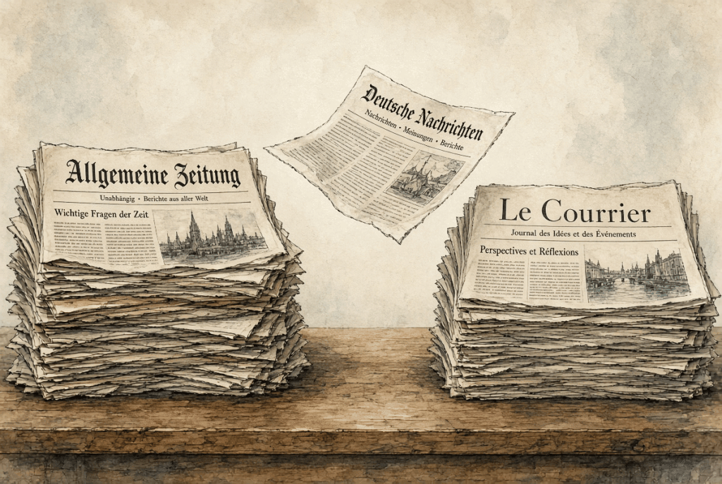 - Journaux allemands et francais 1 Entre les deux piles, une seule feuille s’est encore envolée — celle qui parle du parallèle avec la France — Illustration IA © European-Security