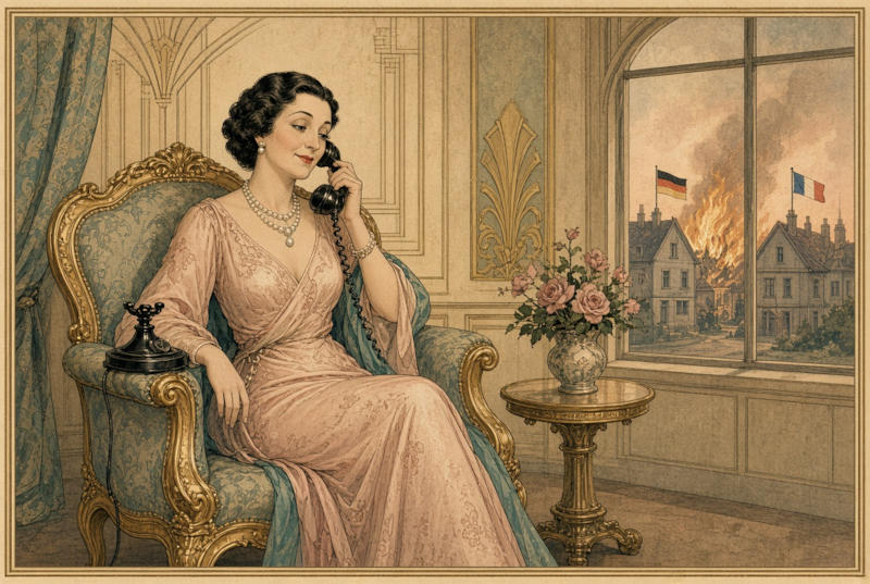- Madame la marquise Deux « Ce ne sont que des remous passagers ? Vous me rassurez mon bon Günther, majordome fidèle » — la marquise qui n’a pas encore les pieds dans l’eau reste sereine au téléphone pendant que, par la fenêtre, les deux maisons brûlent côte à côte sous leurs drapeaux respectifs : personne, pour l’instant, ne veut se lever pour regarder dehors — Illustration IA © European-Security