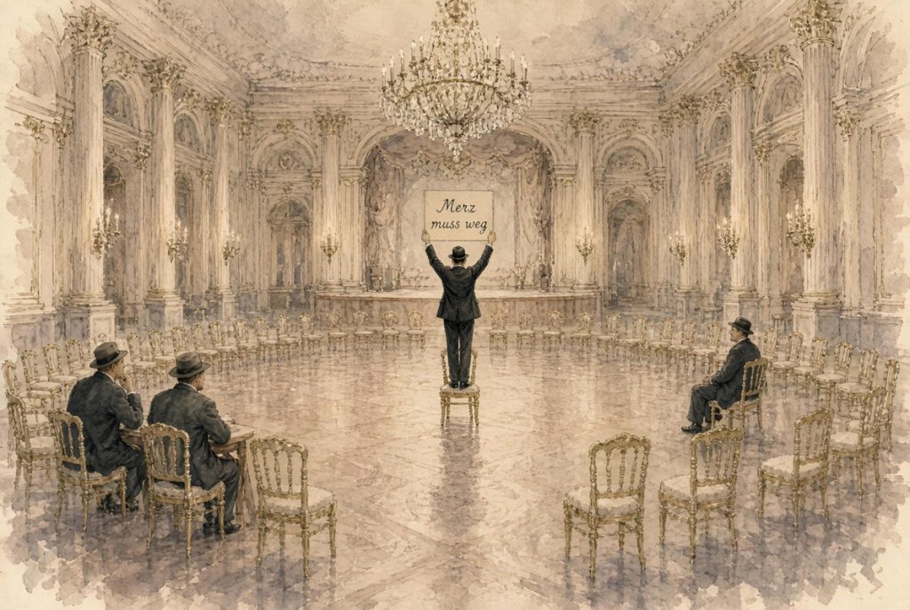 - Merz muss weg 1a « Merz muss weg » — un appel solitaire sous le lustre, dans une salle presque vide : la révolte a commencé, mais elle n’a encore convaincu personne de se lever de sa chaise — Illustration IA © European-Security
