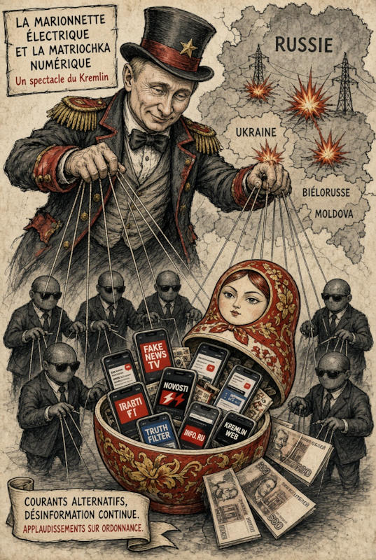 Le maître de cirque et sa matriochka numérique : au bout des ficelles, une chaîne bien huilée — de l’ordre venu d’en haut jusqu’à la fausse vidéo qui atteint l’électeur. Illustration IA © European Security