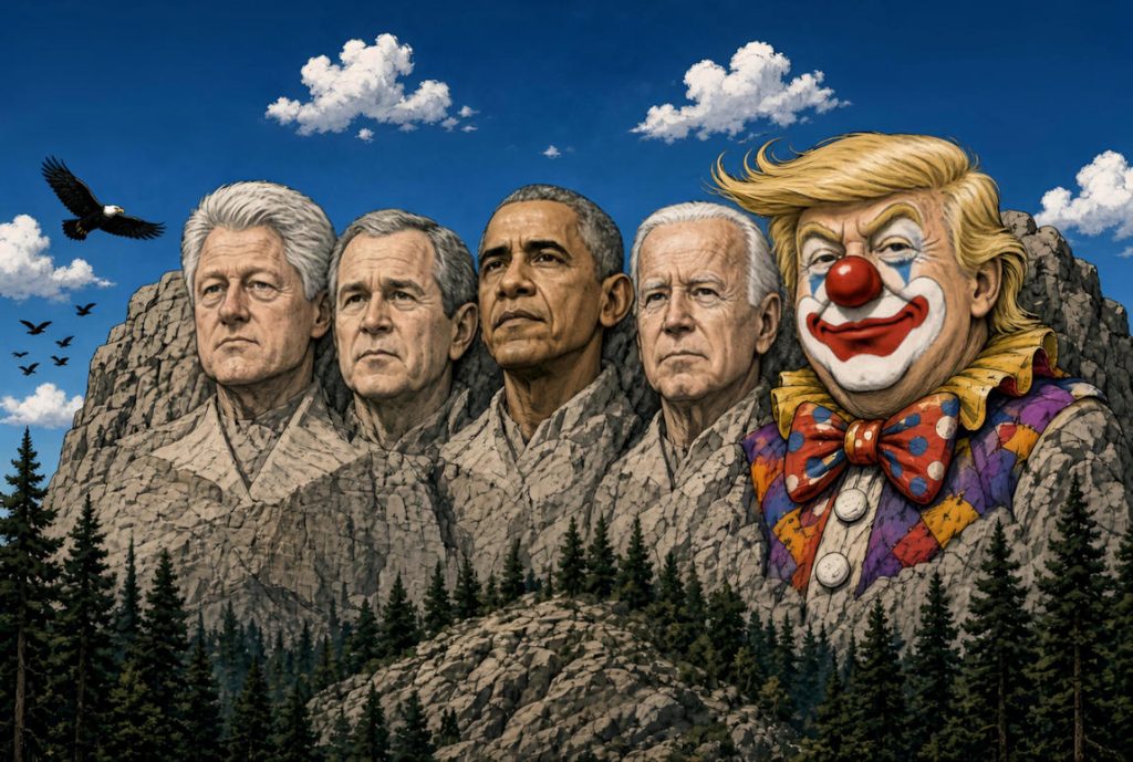 - Trump Mont Rushmore 1a Mont Rushmore - Présidents US Bill Clinton, George W. Bush Jr., Barack Obama, Joe Biednn ET Donald Trump en clown...