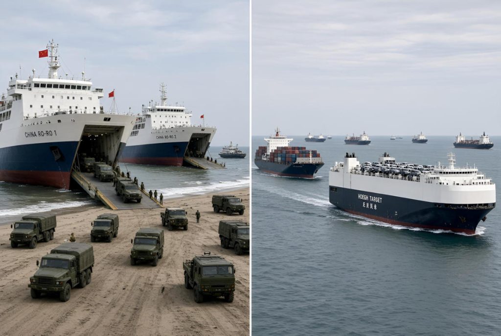 A gauche, des ferries Ro-Ro et cargos pontés débarquent des véhicules lors d’un exercice amphibie. À droite, les mêmes types de navires reprennent leur trafic commercial. La réversibilité est l’avantage opérationnel.