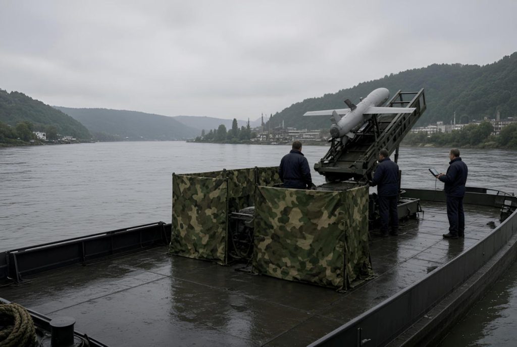 Deux techniciens arment un drone sur sa base de lancement depuis une péniche