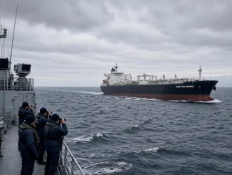 Frégate de l'OTAN surveillant un pétrolier russe dans la Baltique