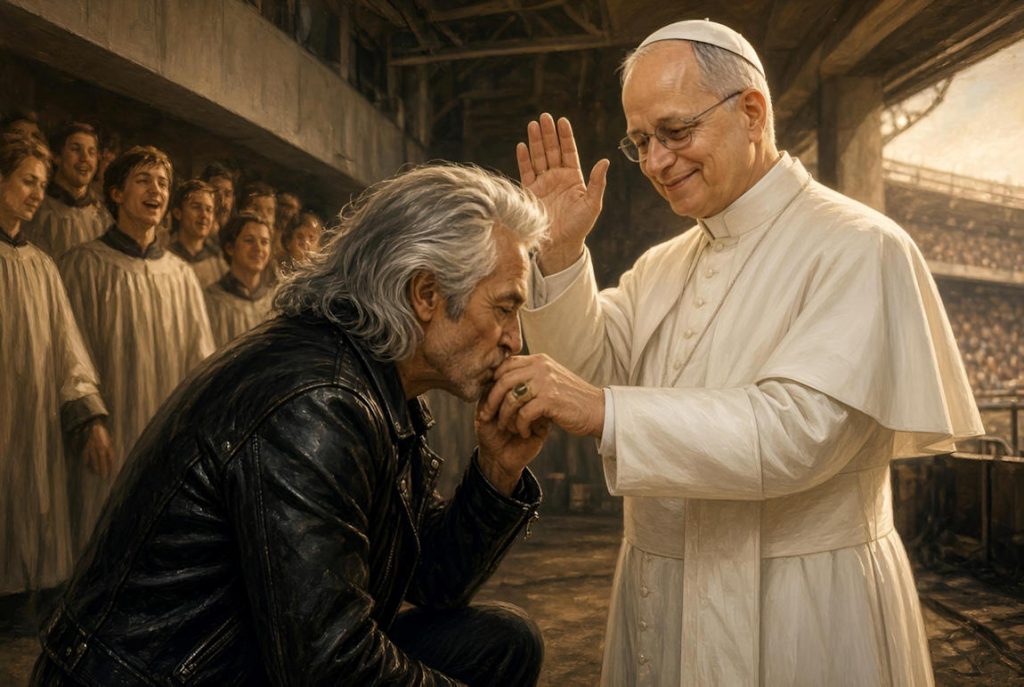 - Leon XIV Eddy Mitchell 1 Edy Mitchell baise l'anneau du pape — Illustration IA