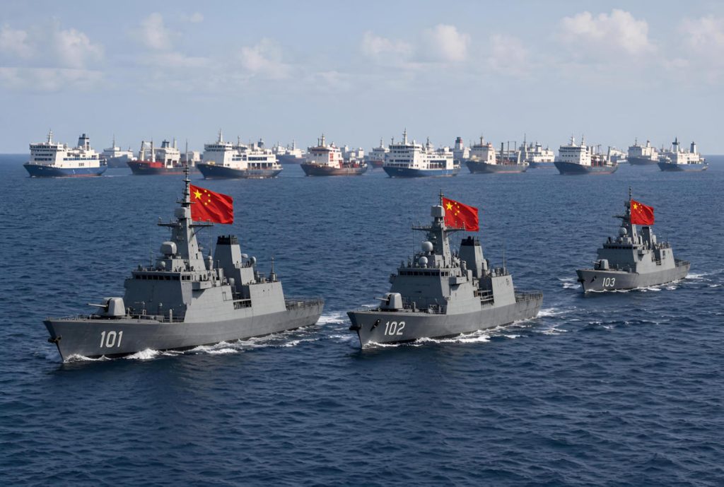 La flotte de combat au premier plan, la marine marchande en second rideau. La véritable réserve navale n’est pas le nombre de coques civiles, mais la capacité à les transformer rapidement en effets militaires soutenables