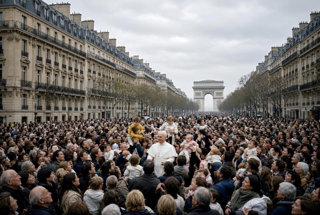 - Pape Leon XIV dans la foule a Paris 01a Bain de foule pour le Pape Léon XIV — Photo IA © European-Security