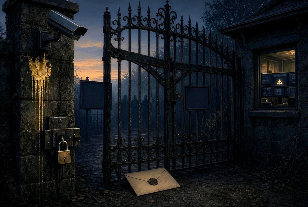 A visible camera, a padlock, a monitoring room: traditional defences assume a burglar. A smear of gold paint on the gatepost, a letter left at the door and silhouettes at the fence