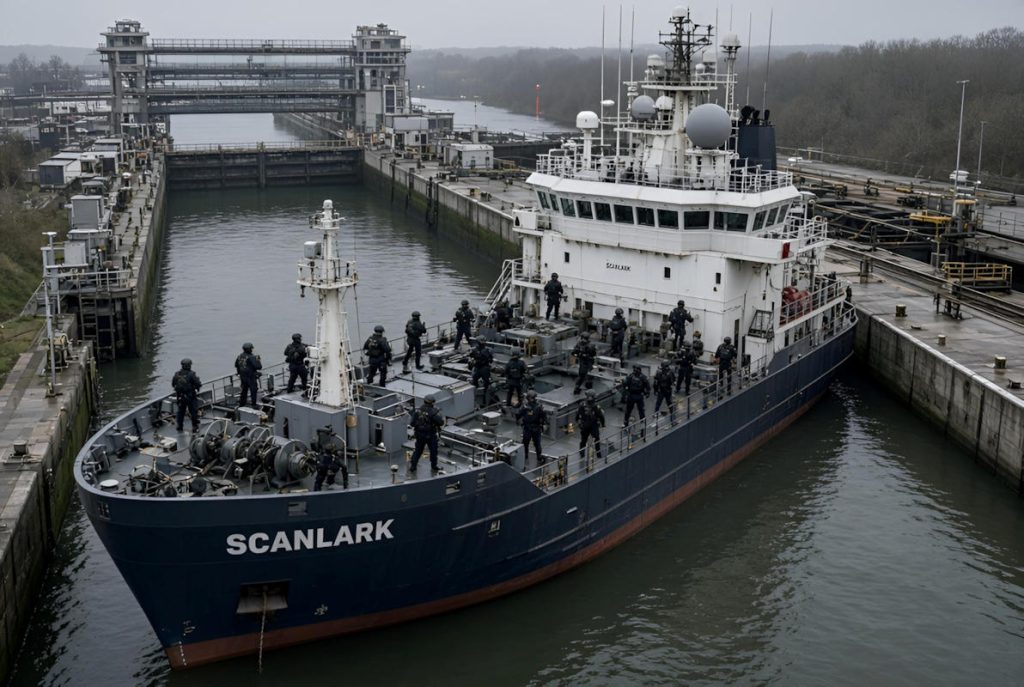 Le cargo Scanlark dans les écluses du canal de Kiel, le 7 septembre 2025, lors de la perquisition menée par les unités spéciales de la police allemande